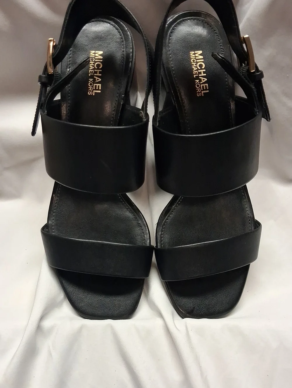 Michael Kors Black Leather Double-Strap Sandals with Gold Buckle